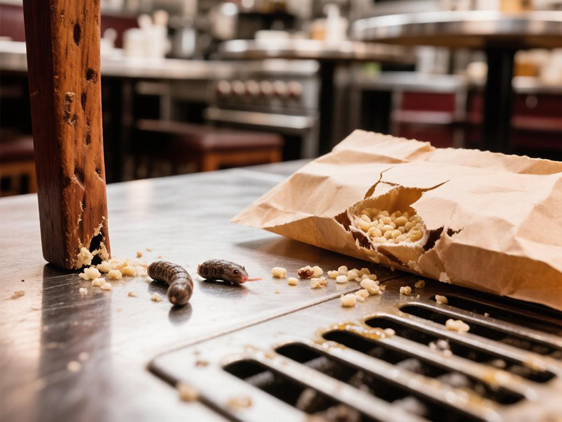 Следы жизнедеятельности грызунов на кухне ресторана: экскременты и погрызы